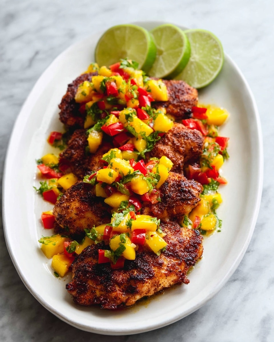 A white oval plate holds three pieces of cooked chicken, each with a dark brown spicy crust. On top of each chicken piece, there is a fresh salsa made of small yellow mango cubes and red bell pepper pieces mixed with green herbs. At the back of the plate, three lime wedges are placed for garnish. The plate is set on a white marbled surface. Photo taken with an iphone --ar 4:5 --v 7