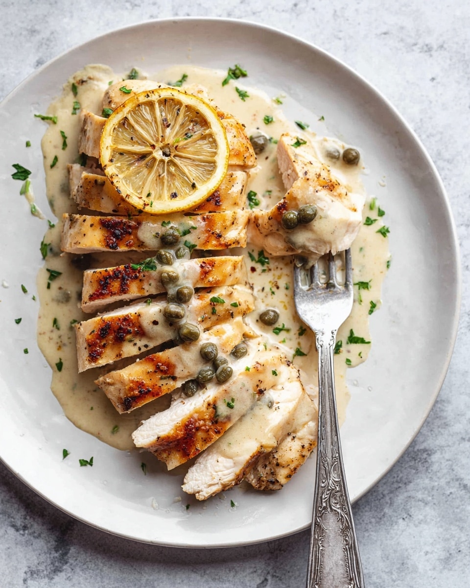 A black pan holds four pieces of browned chicken cooked in a creamy light yellow sauce filled with green capers. Each chicken piece is topped with a thin lemon slice and small bits of green herbs, with a golden crust and moist texture. The creamy sauce covers the base of the pan, pooling slightly around the chicken. The scene is set on a white marbled texture. photo taken with an iphone --ar 4:5 --v 7