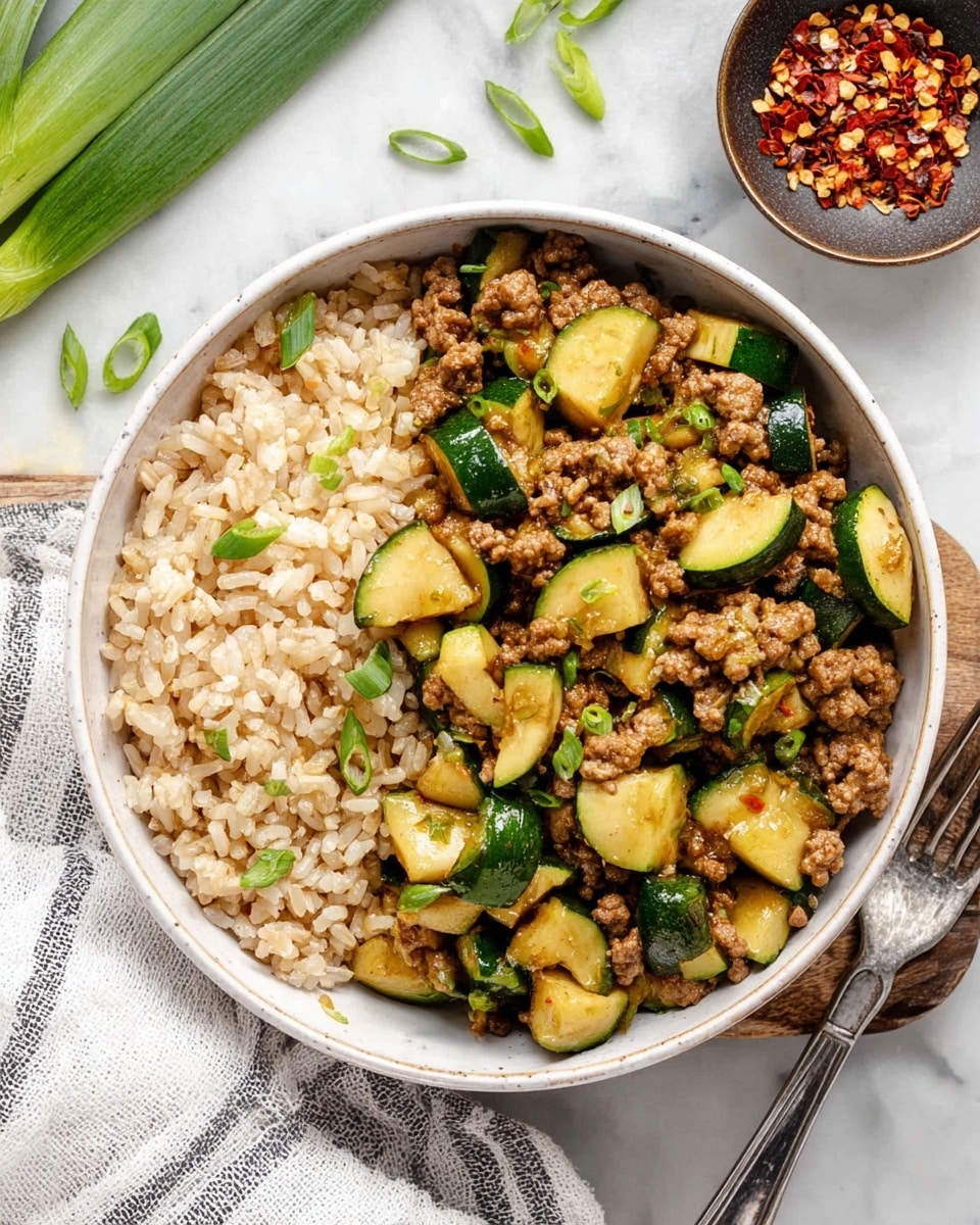 A black pan filled with a mix of cooked ground meat and chopped zucchini pieces. The zucchini is green with a soft yellow inside and is scattered evenly among the brown, crumbly meat. Small chunks of cooked onion and bright green sliced scallions are mixed throughout, adding different textures and colors. The dish has a light sauce that gives a slight shine to the meat and vegetables. The pan is on a surface with a white marbled texture, next to fresh ginger root, whole green onions, a white cloth with thin dark stripes, and a grey spatula. Photo taken with an iphone --ar 4:5 --v 7