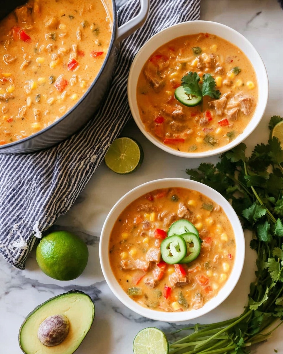 The image shows two white bowls filled with a creamy, thick soup that has a mix of orange, yellow, and light green colors, with visible chunks of vegetables like corn and red peppers. The texture looks smooth with small pieces giving it a hearty look. To the left, there is a large pot filled with the same soup, and a yellow spoon inside. Around the bowls, there are fresh green vegetables, lime halves, chopped cilantro in a small white bowl, and an avocado half on a white marbled surface. A striped cloth with blue and white colors is placed under the pot. photo taken with an iphone --ar 4:5 --v 7