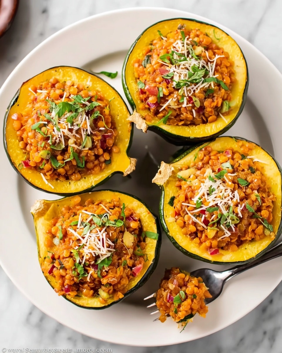 Four yellow and green squash halves are placed on a white plate with a white marbled texture background. Each squash half is filled with a mixture of orange lentils, small green herb pieces, and bits of reddish-brown topping, sprinkled with thin white shredded cheese on top. The squash skin forms a dark green outer edge with a bright yellow interior. A silver fork with a small bite of the lentil mixture is placed on the bottom left edge of the plate. Photo taken with an iphone --ar 4:5 --v 7