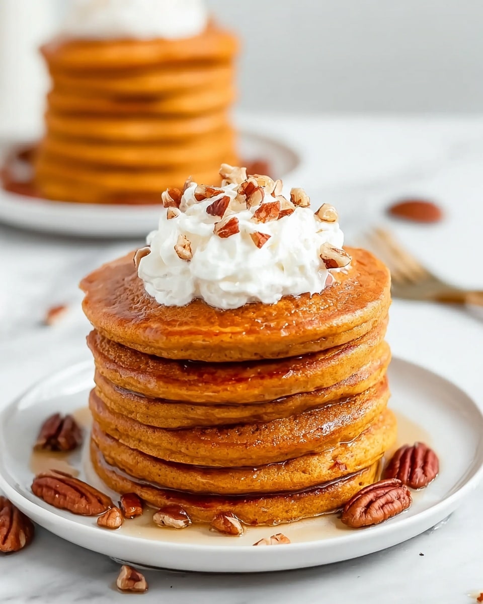 A stack of six golden brown pancakes is shown on a white plate, each pancake thick and fluffy with a slightly crispy edge, dripping with shiny syrup. On top of the stack, there is a dollop of white whipped cream sprinkled with chopped pecans. Around the plate, a few whole pecans are scattered. In the background, there is another tall stack of pancakes slightly out of focus, with bowls and cutlery placed on a white marbled surface. photo taken with an iphone --ar 4:5 --v 7