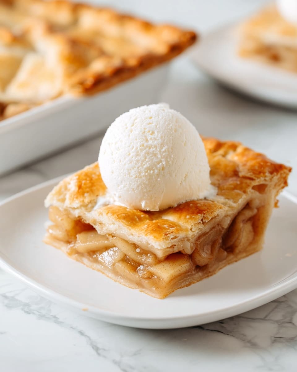A square piece of apple pie with a golden brown crust sits on a white square plate. The pie has two visible layers: a bottom layer of light brown apple filling and a top layer of flaky, slightly browned pastry with sugar crystals. On top of the pie, there is a round scoop of white vanilla ice cream, smooth and creamy in texture. The plate rests on a surface with a white marbled texture in the background. photo taken with an iphone --ar 4:5 --v 7