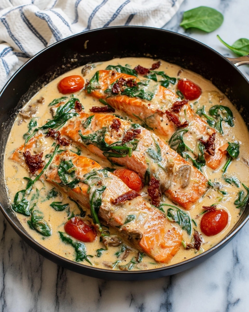 The image shows three thick orange-pink fish fillets placed side by side in a black pan, covered with a creamy light beige sauce. The sauce is rich and smooth, with visible flecks of black pepper. There are fresh green spinach leaves scattered on top and around the fish, adding pops of bright green color. Some cherry tomatoes, partially sunk in the sauce, add bright red spots. Thin slices of browned mushrooms are spread over the fish and sauce, adding texture and dark brown accents. The creamy sauce pools around the fish and ingredients, filling the pan almost to the edges, creating a warm and inviting look. photo taken with an iphone --ar 4:5 --v 7