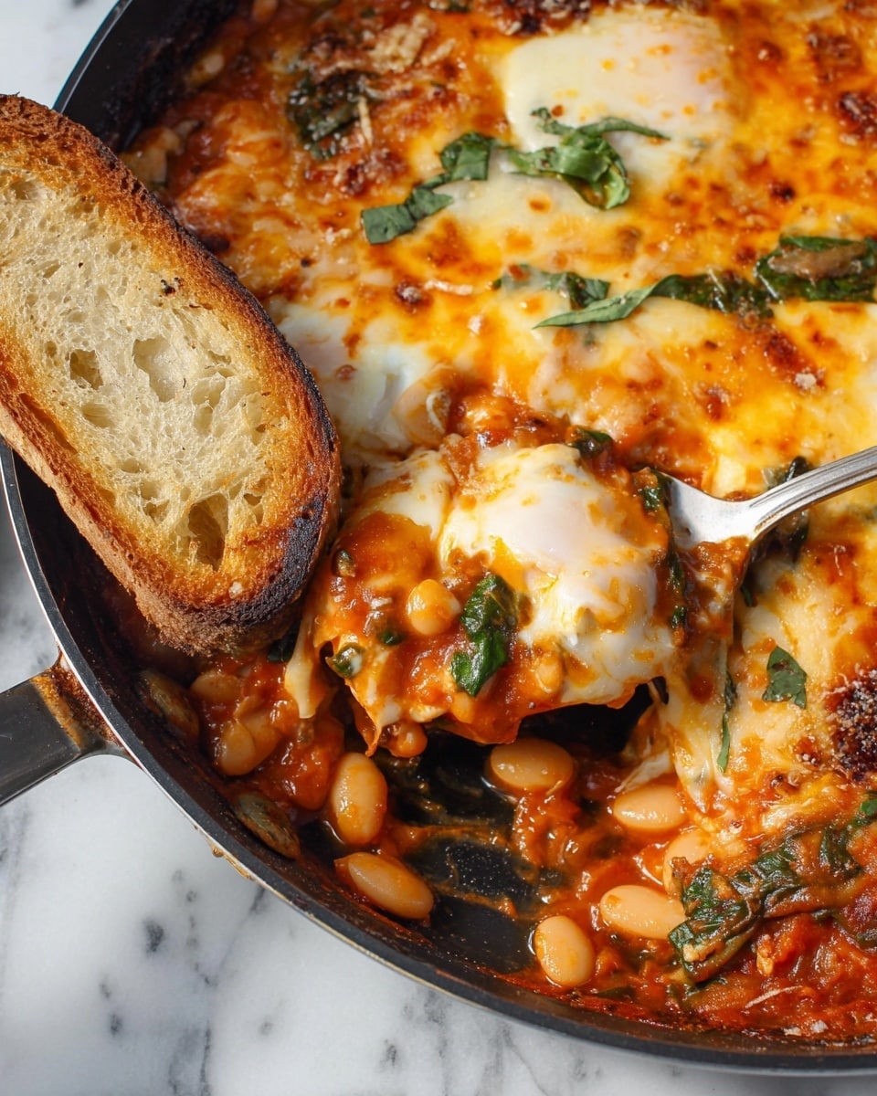 A close-up view of a baked dish in a black skillet shows three main layers: the bottom layer is white beans mixed with tomato sauce that looks thick and orange-red; the middle layer has wilted dark green spinach leaves; the top layer is melted golden-brown cheese that looks bubbly and slightly browned in spots. Thin slices of fresh green basil are scattered over the cheese. A slice of toasted bread with a light golden crust leans on the edge of the skillet. Two silver spoons scoop some of the food, revealing the layers underneath. The whole image sits on a white marbled surface. photo taken with an iphone --ar 4:5 --v 7