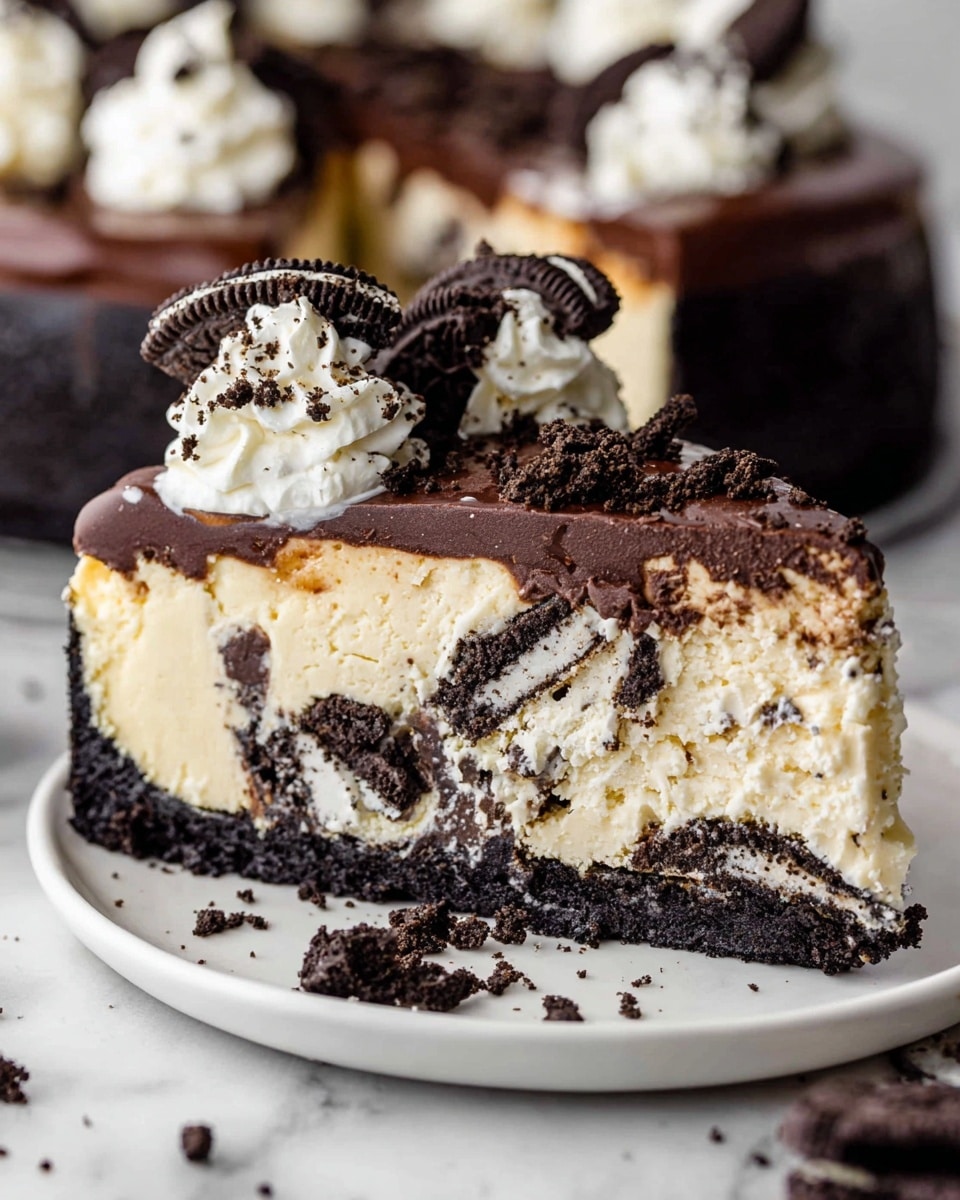 A thick slice of cookie cream cheesecake is shown on a white plate with a white marbled surface below. The bottom layer is a dark crumbly cookie crust, topped by a creamy light beige cheesecake layer studded with dark cookie chunks. Above that is a smooth, glossy dark chocolate ganache layer. The top edge of the slice is decorated with white whipped cream swirls and small pieces of dark cookies. Crumbled cookie bits are scattered on the plate and surface around the cheesecake. Photo taken with an iphone --ar 4:5 --v 7
