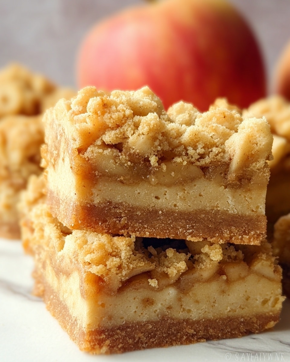 The image shows a close-up of a crumb bar with three distinct layers. The bottom layer is thick and looks like a firm, light tan crust with a soft texture. The middle layer has a golden brown color and looks moist, containing small chunks of apple mixed with cinnamon or spices. The top layer is a crumbly, pale golden streusel topping with a slightly rough texture and small clumps, giving the bar a crunchy look. The background features a blurred apple with a white marbled texture. photo taken with an iphone --ar 4:5 --v 7