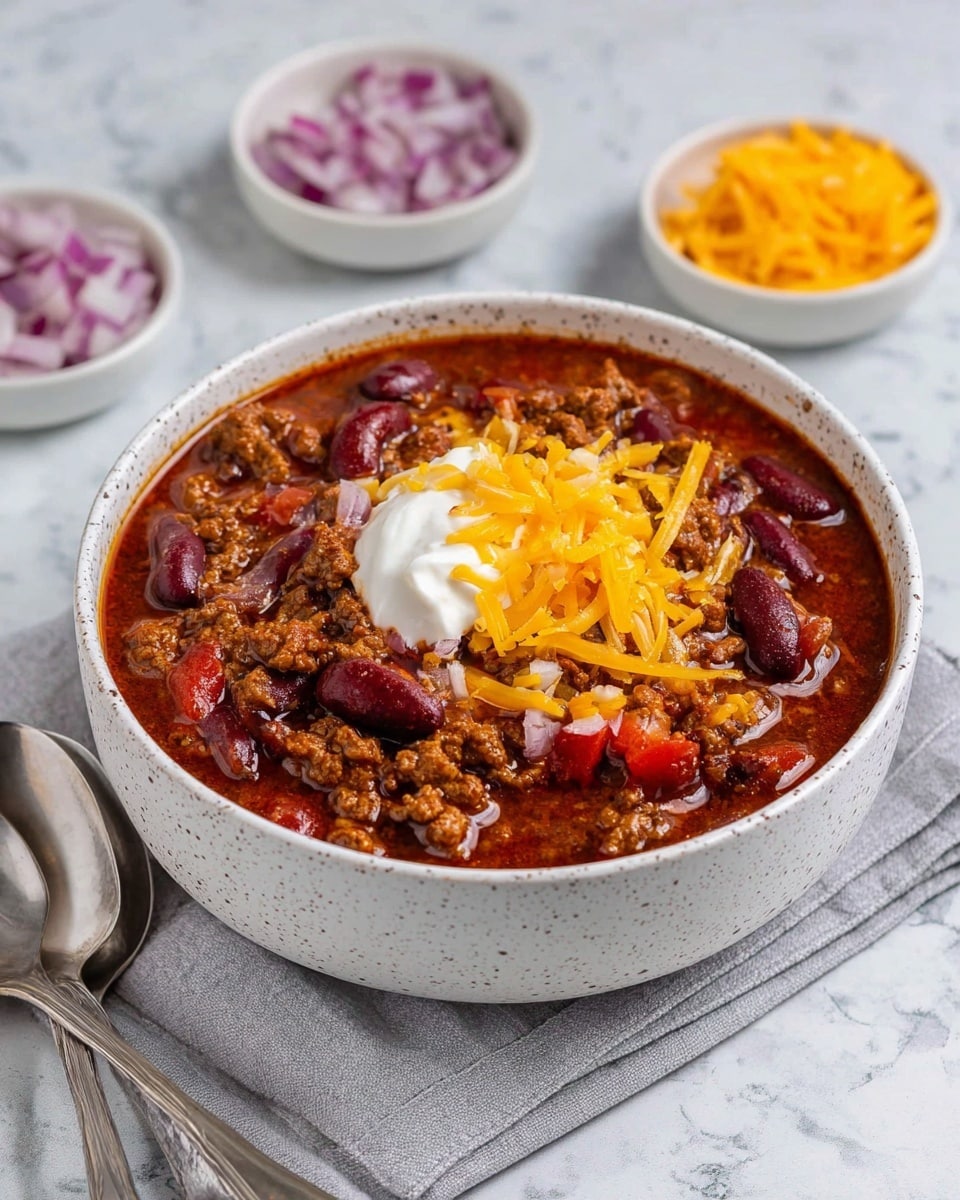 A white bowl filled with a thick chili made of ground meat, dark red kidney beans, and diced red tomatoes in a rich red sauce, topped with a dollop of white sour cream, shredded orange cheddar cheese, and small chopped pieces of purple onion. Around the bowl, there are two small white bowls, one with chopped purple onions and the other with shredded orange cheddar cheese, all set on a white marbled surface. Two silver spoons rest on a folded beige cloth napkin to the right of the bowl. Photo taken with an iphone --ar 4:5 --v 7