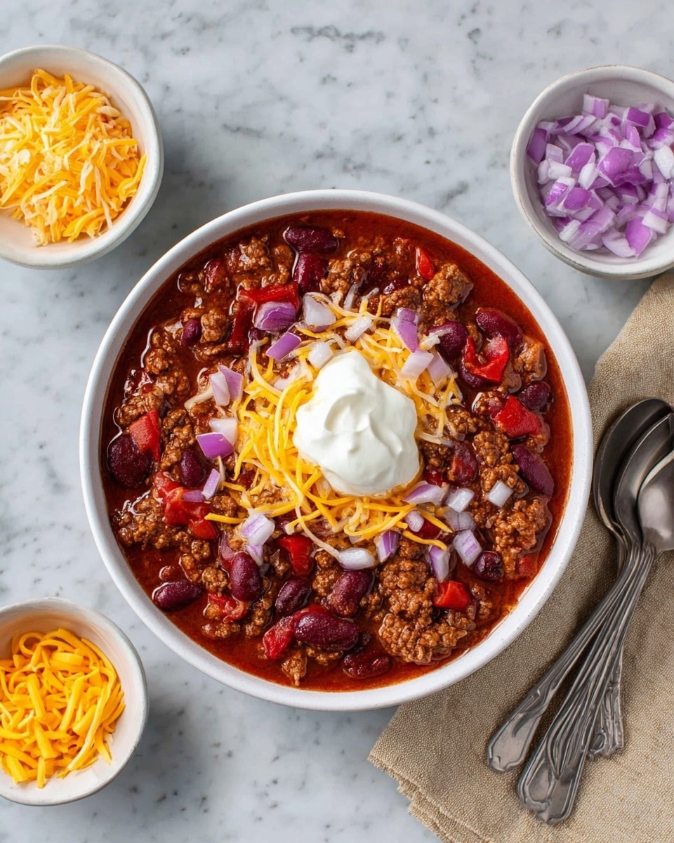 A white bowl placed on a white marbled surface holds a rich chili dish with three main layers visible. The bottom layer is a dark red, thick broth mixed with ground meat and kidney beans, showing a hearty and slightly chunky texture. On top of this, there are scattered small pieces of finely chopped red onions adding a slight purple color contrast. The final layer features a dollop of white sour cream topped with a bright yellow pile of shredded cheddar cheese in the center. A silver spoon rests inside the bowl, with a woman's hand holding it from the side. photo taken with an iphone --ar 4:5 --v 7