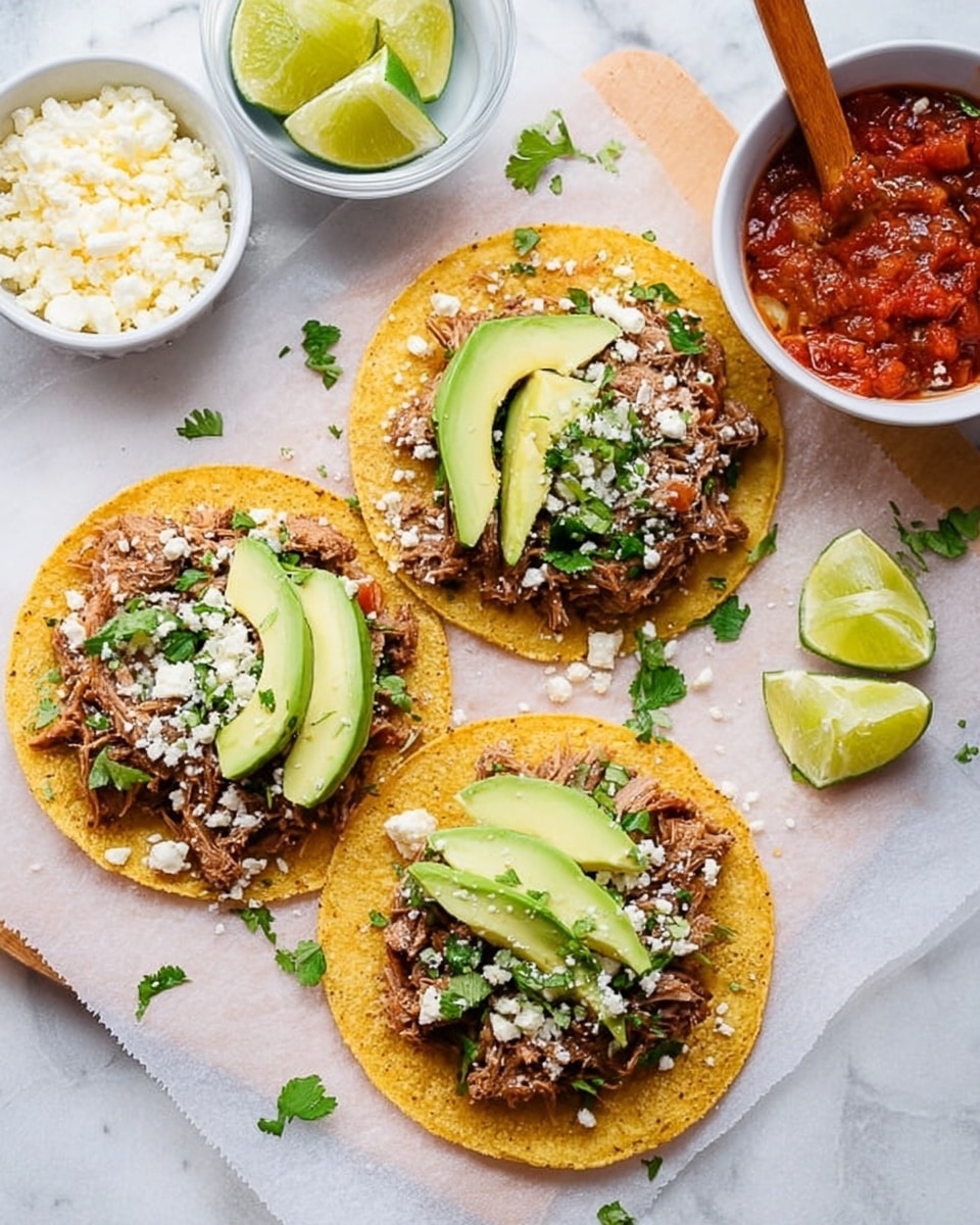 A single yellow corn tortilla lies flat on a white marbled surface, topped with shredded brown meat as the main layer. On top of the meat, there are small white crumbles of cheese scattered evenly and fresh green cilantro leaves added for color. To one side of the meat, there is a thick, vibrant green slice of avocado resting at an angle. The tortilla edges show slight texture and the toppings are arranged loosely, giving a fresh and homemade look. photo taken with an iphone --ar 4:5 --v 7