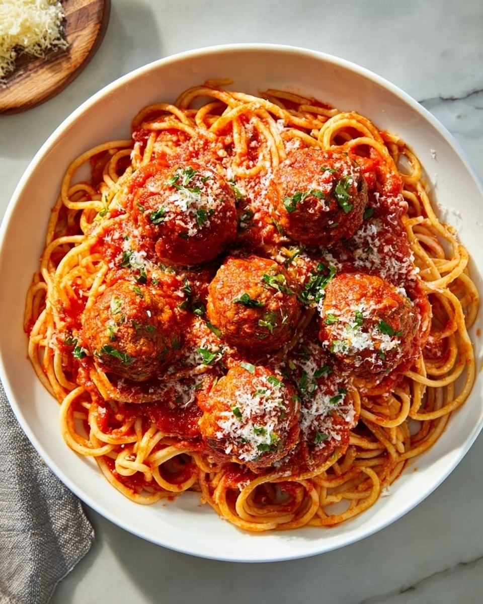 A black bowl filled with a base layer of white spaghetti noodles, topped with a thick layer of red tomato sauce mixed with several round, brown meatballs. A silver fork is twirled in some noodles resting on the edge of the bowl. The bowl sits on a white marbled surface with a white cloth nearby. photo taken with an iphone --ar 4:5 --v 7