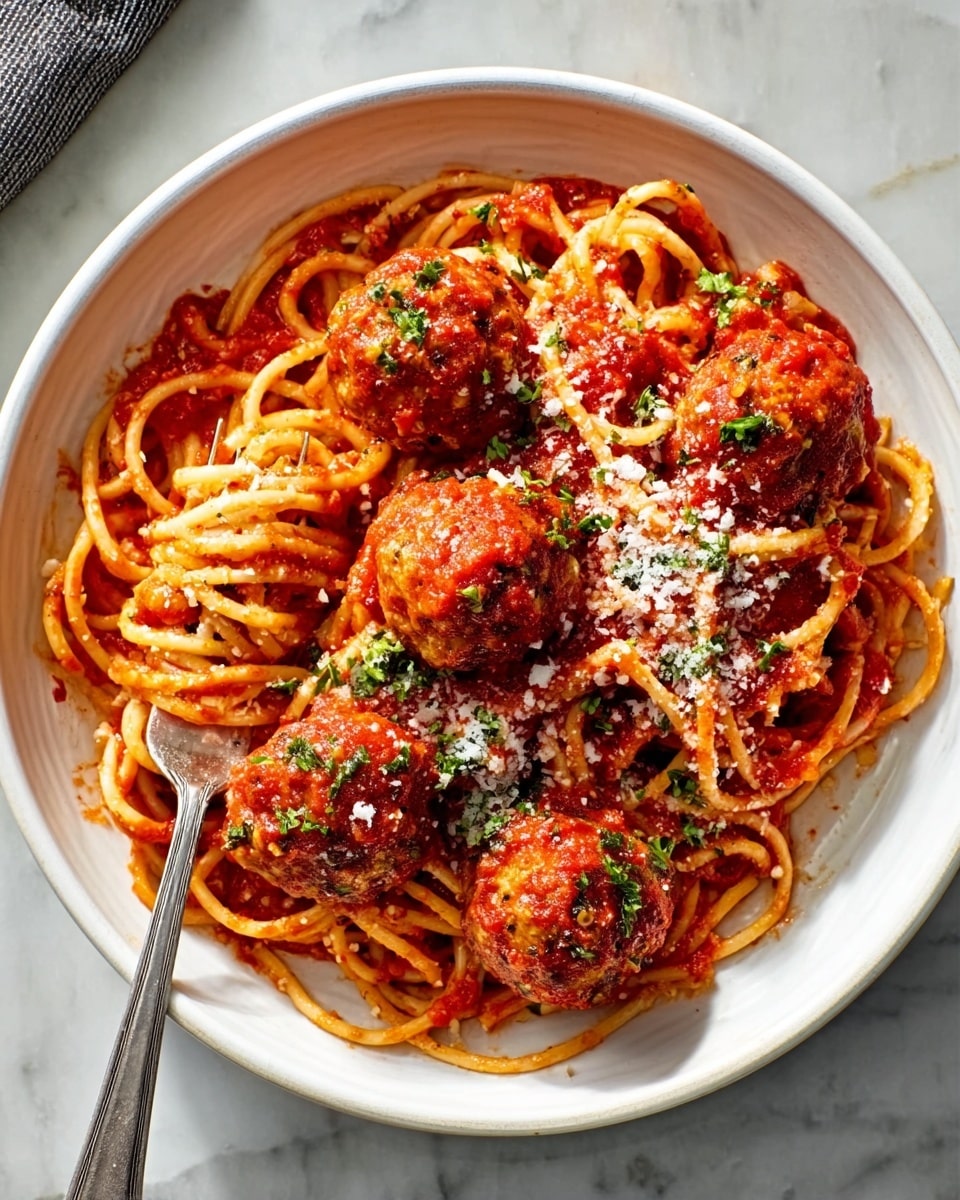 A white bowl filled with spaghetti pasta covered in bright red tomato sauce. On top, there are five large round meatballs dotted with green herbs and sprinkled with white grated cheese. A silver fork rests inside the bowl on the left side, with spaghetti noodles wrapped around its prongs. The bowl is placed on a white marbled surface. photo taken with an iphone --ar 4:5 --v 7