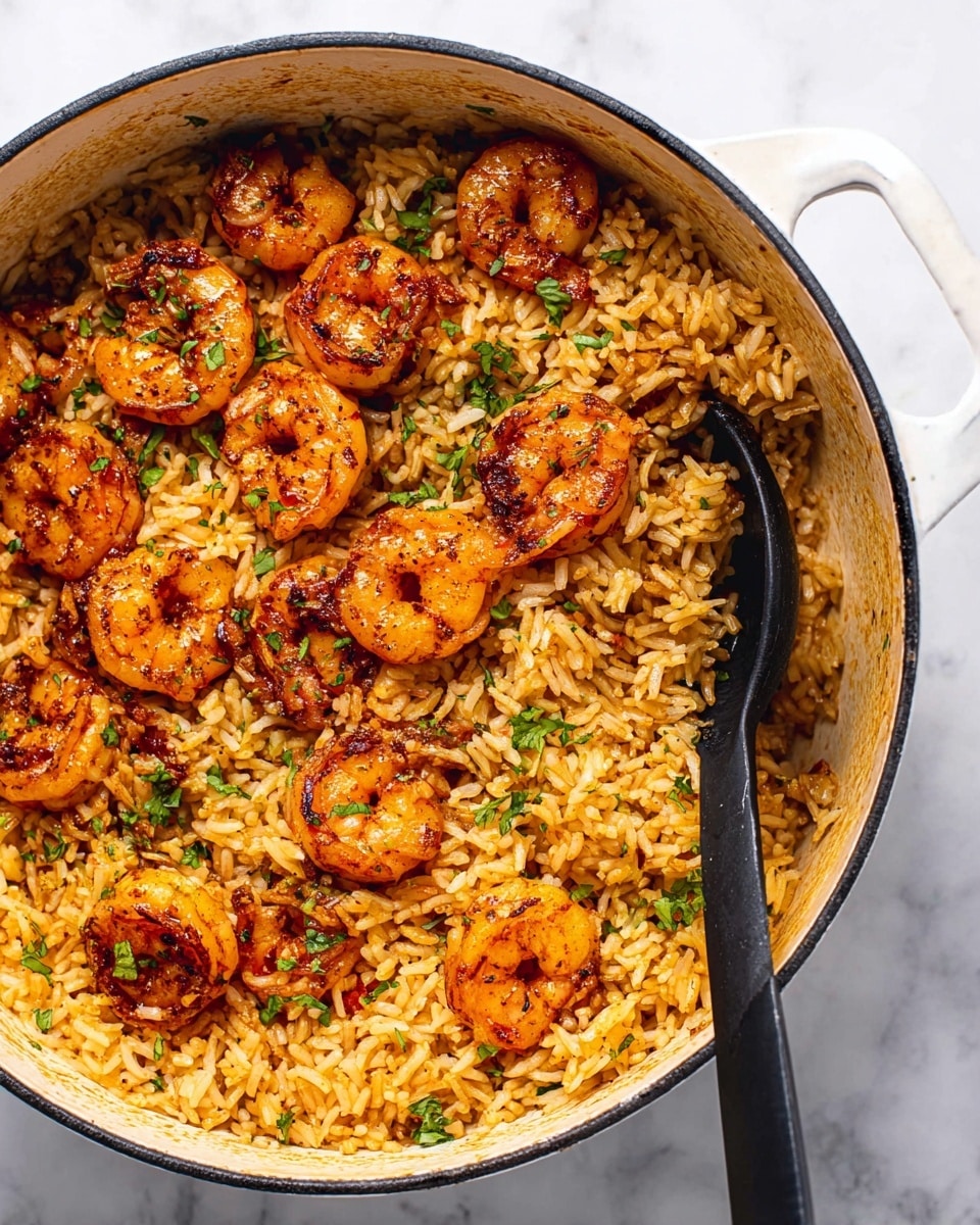 A black bowl filled with two layers: the bottom layer is light brown rice mixed evenly with small green herb pieces, topped with a layer of reddish-orange cooked shrimp scattered across the rice. The shrimp have a slightly charred texture and shiny glaze. A silver fork rests inside the bowl on the right side with some rice and shrimp on it. Two woman's hands in gray knitted sleeves are holding the bowl on a white marbled surface. In the background, a large pan holds a similar dish with shrimp and rice. Photo taken with an iphone --ar 4:5 --v 7