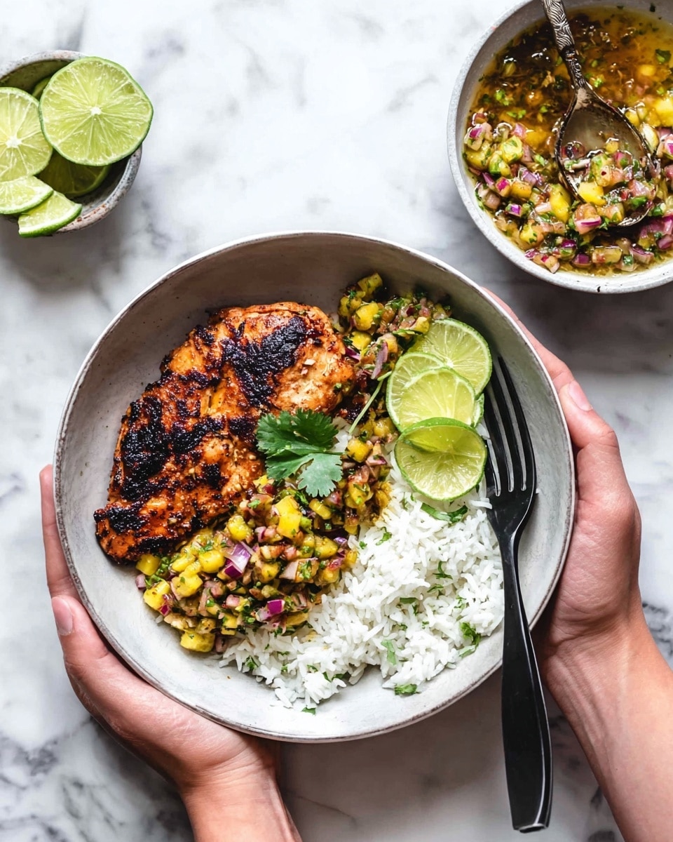 A white bowl holds a meal with two grilled chicken pieces placed on the left side, both with a browned, slightly charred surface topped with a chunky yellow pineapple salsa mixed with green herbs and red onion. Two lime wedges are positioned between and beneath the chicken. On the right side of the bowl, there is a large portion of fluffy white rice. A sprig of fresh green cilantro rests across the chicken, and a black fork lies on the left edge of the bowl on a white marbled surface. A small white bowl with extra pineapple salsa and a silver spoon is partially visible in the upper right corner. photo taken with an iphone --ar 4:5 --v 7