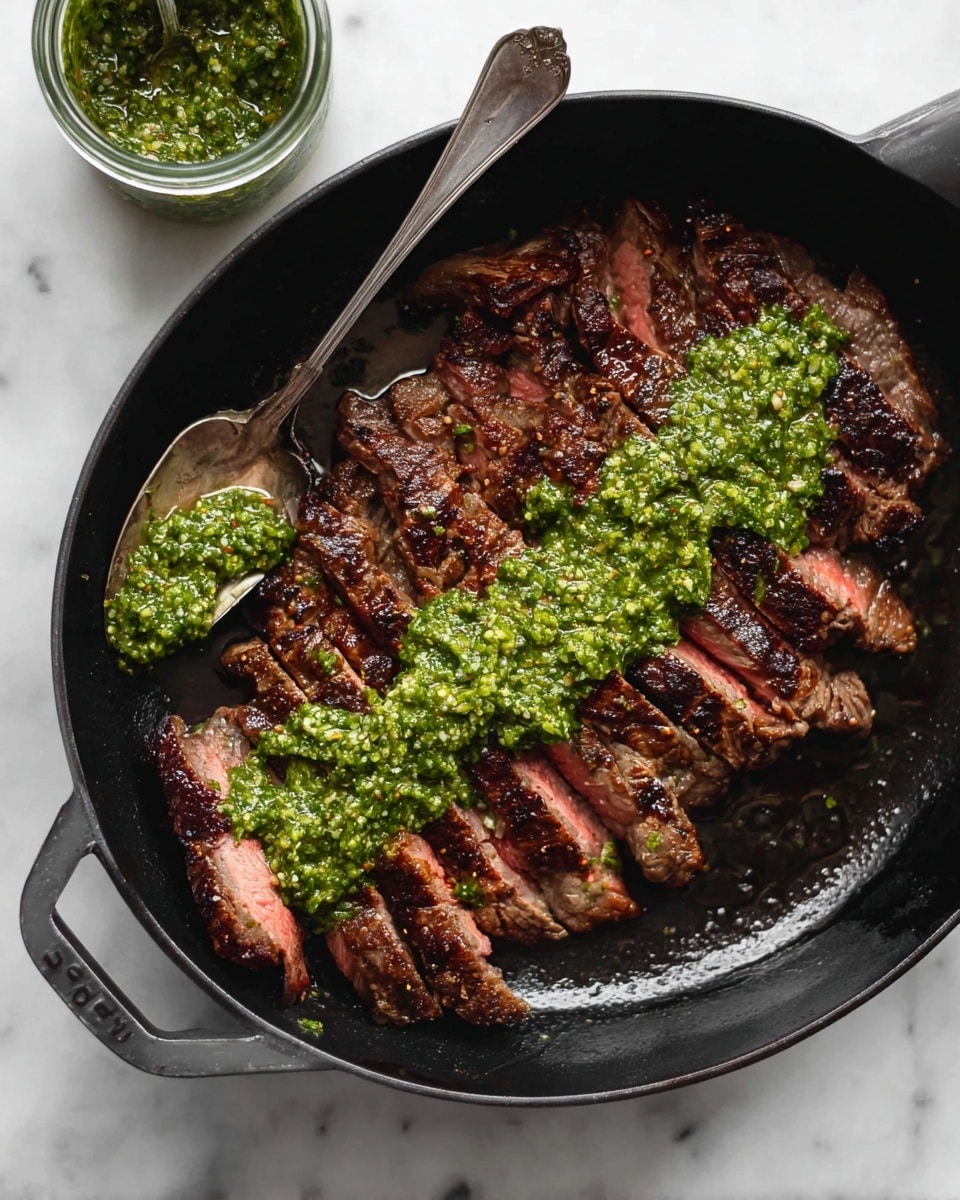 A black pan holds several slices of cooked steak arranged in a fan shape. The steak is dark brown with a charred texture and a pink center visible in some slices. A thick layer of green sauce, with a slightly chunky texture, is spread over the middle portion of the steak. On the top left side of the pan, an old silver spoon rests with some of the green sauce on it. The pan is placed on a white marbled surface with a glass jar of the same green sauce nearby. Photo taken with an iphone --ar 4:5 --v 7