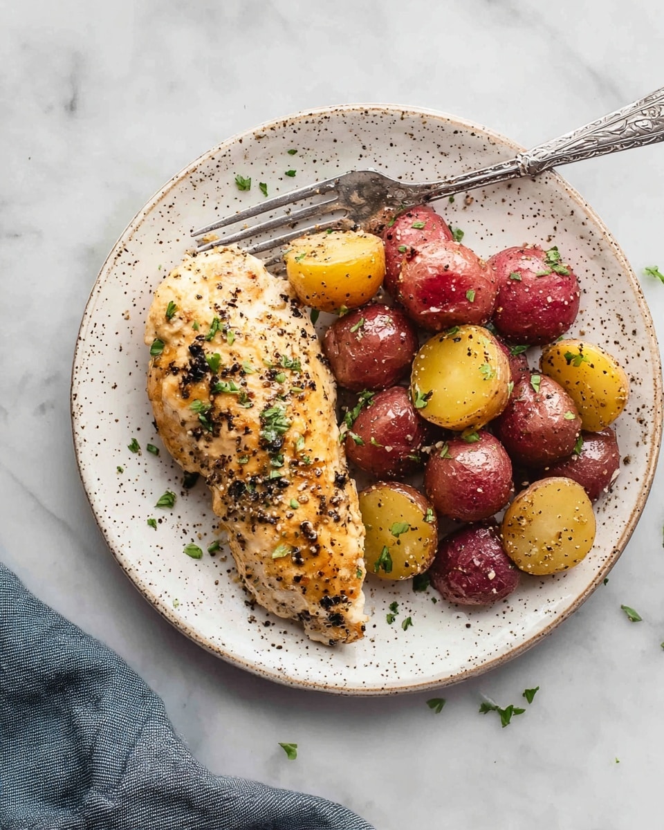 The dish shows one piece of golden brown grilled chicken placed on the left side of a white speckled plate with visible herbs and black pepper on top. On the right side, there is a mix of small roasted potatoes in three colors: deep purple, yellow, and reddish-brown, all sprinkled lightly with herbs and seasoning. The chicken and potatoes have a slightly shiny texture, showing they are well cooked, with small green herb pieces scattered mainly on the chicken. The plate sits on a white marbled surface, and a fork is placed behind the chicken, partially visible. Photo taken with an iphone --ar 4:5 --v 7