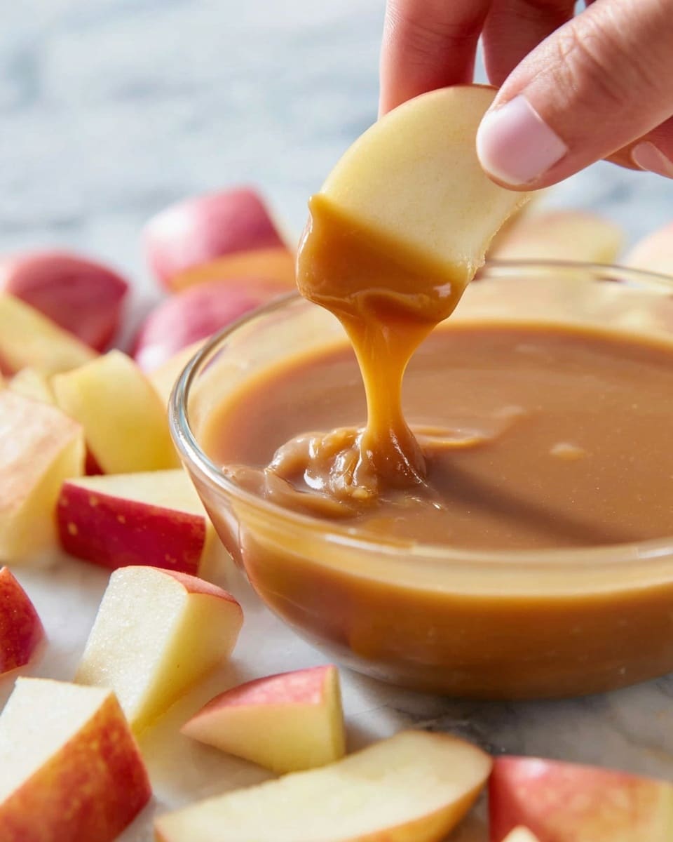 A close-up image shows a round clear glass bowl filled with smooth light brown caramel sauce. A woman's hand holds a pale yellow apple slice dipped in the caramel, with the glossy caramel sauce dripping off the tip. Around the bowl, there are several apple slices with red and yellow skin visible, resting on a white marbled surface. The background also shows blurred caramel candy pieces in light tan colors. The scene is bright and focused on the texture and shine of the caramel sauce and fresh apple slices photo taken with an iphone --ar 4:5 --v 7