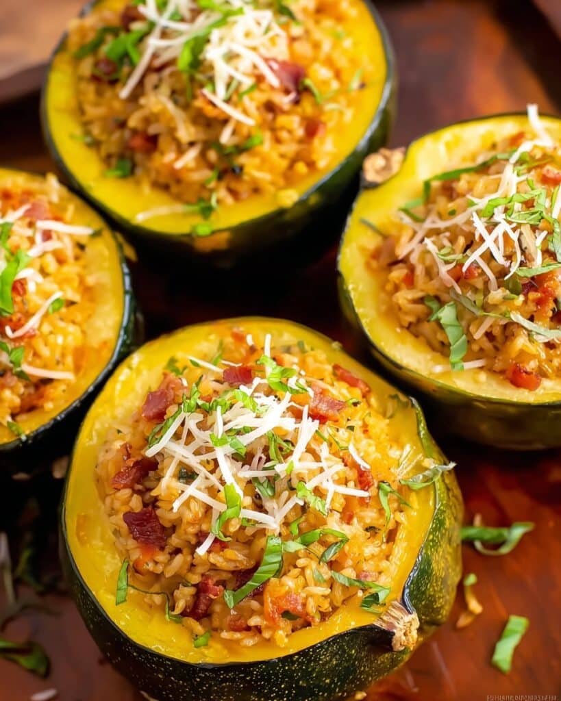 Stuffed Acorn Squash with Farro, Sausage, and Parmesan Recipe