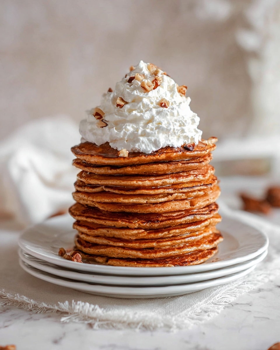 A tall stack of about ten golden-brown pancakes sits centered on a clean white plate, placed over another white plate, all set on a white marbled surface with a soft white cloth underneath. The pancakes show slight uneven edges and a smooth, fluffy texture. On top, there is a generous swirl of white whipped cream sprinkled with small pieces of chopped pecans, adding a bit of texture and color contrast. The background is softly blurred with light neutral shades, giving focus to the warm and inviting stack. Photo taken with an iphone --ar 4:5 --v 7