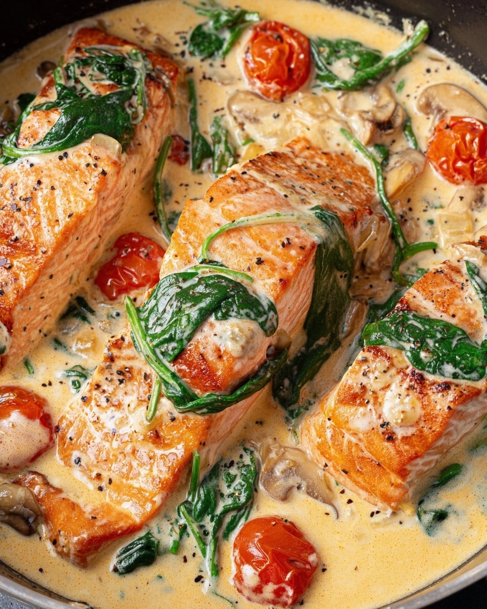 A black cast iron pan holds three pieces of cooked salmon with a golden brown top layer, partially covered with a creamy light beige sauce mixed with dark brown sun-dried tomatoes, green spinach leaves, and bright red cherry tomatoes. The sauce has a smooth texture and small bits of herbs and onions, pooling around the salmon in the pan. The pan sits on a white marbled surface with a white cloth featuring dark blue stripes slightly out of focus in the background. photo taken with an iphone --ar 4:5 --v 7