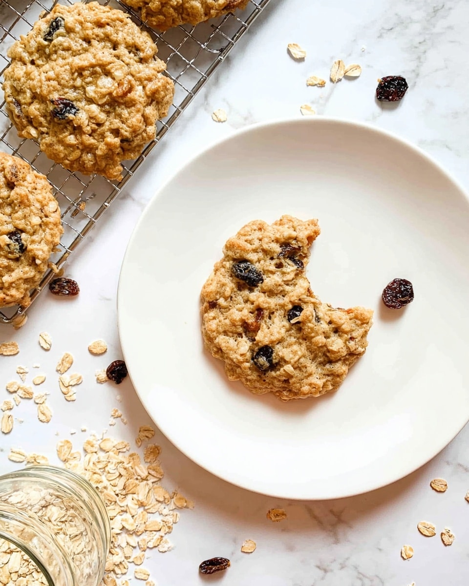 A white plate holds one round oatmeal cookie with raisins, with a small bite taken from its right side, showing a soft, chewy texture inside; the cookie has a golden brown color with visible oats and dark raisin pieces scattered throughout. Around the plate, dry oats and several raisins are spread lightly on a white marbled surface. To the left, a cooling rack holds three more similar oatmeal raisin cookies, golden and textured with chunks of oats and raisins. An overturned glass jar spills oats onto the white marbled surface near the bottom left. The whole scene is bright and warm, emphasizing the homemade look of the cookies. photo taken with an iphone --ar 4:5 --v 7