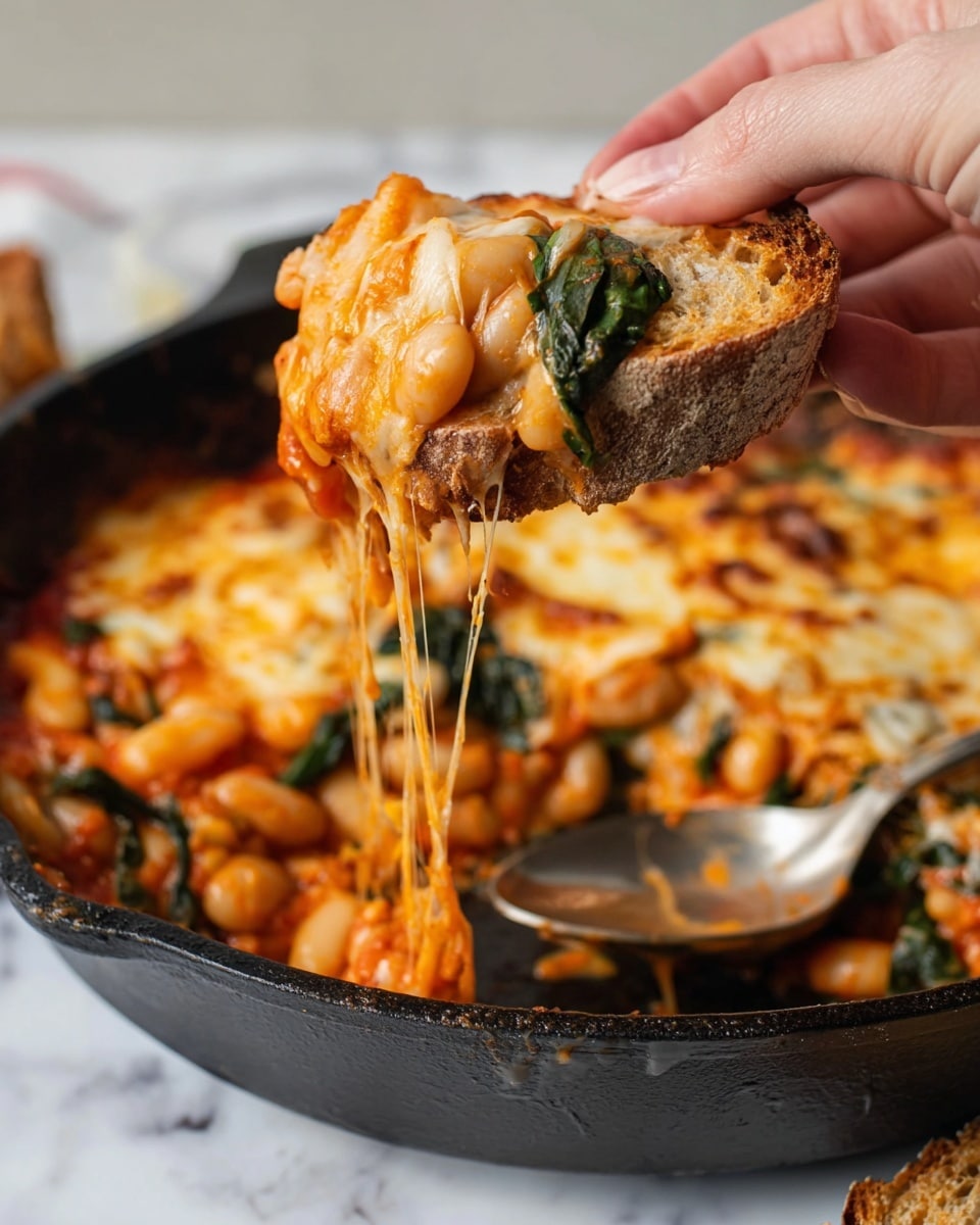 A piece of light brown bread is held by a woman's hand with grey nail polish, topped with a thick layer of melted orange-yellow cheese mixed with red tomato sauce, small white beans, and some green leafy herbs. The cheese is stringy and stretches down from the bread to a black pan filled with more of the same melted cheese, sauce, beans, and scattered green herbs. The background is softly blurred showing a hint of a white marbled surface and wooden table. Photo taken with an iphone --ar 4:5 --v 7