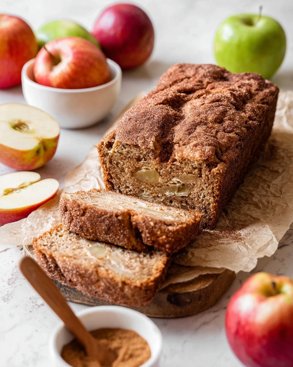 A loaf of bread with two visible layers is shown close up. The bottom layer is light brown with a soft, crumbly texture and small holes, showing bits of apple inside. The top layer is darker brown with a rough, cinnamon-sugar crust that looks crunchy. The bread is placed on brown parchment paper on a wooden board, and there are two cinnamon sticks in the foreground. In the blurred background, there are red and green apples. The surface beneath is white marble. Photo taken with an iphone --ar 4:5 --v 7