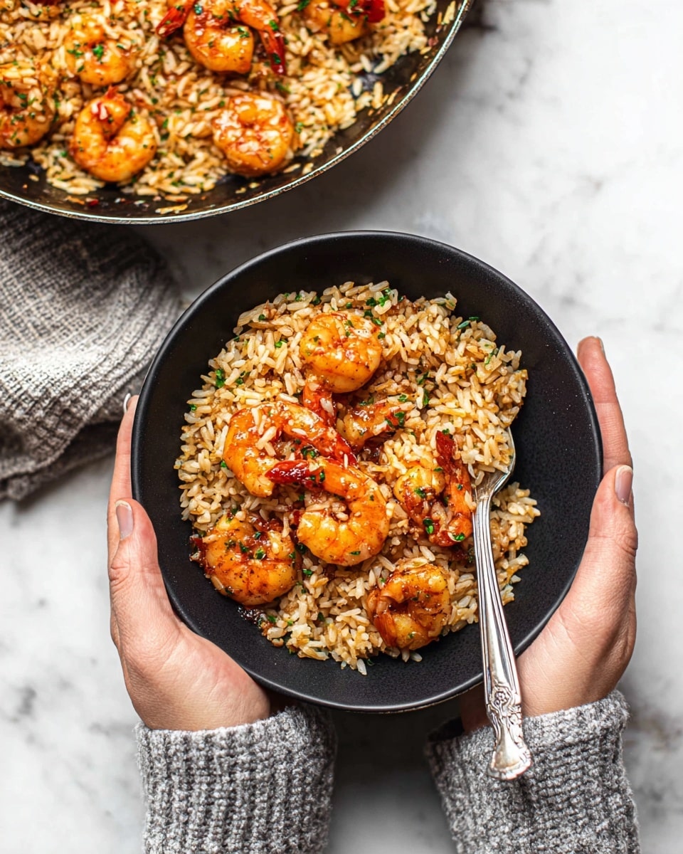 A large white pot filled with cooked rice mixed evenly with browned shrimp on top, each shrimp showing a bright orange color with dark grill marks. The shrimp stand out against the light golden rice, with small green parsley pieces scattered across both. A black spoon is dipping into the rice and shrimp mix on the right side. The pot sits on a white marbled surface. photo taken with an iphone --ar 4:5 --v 7