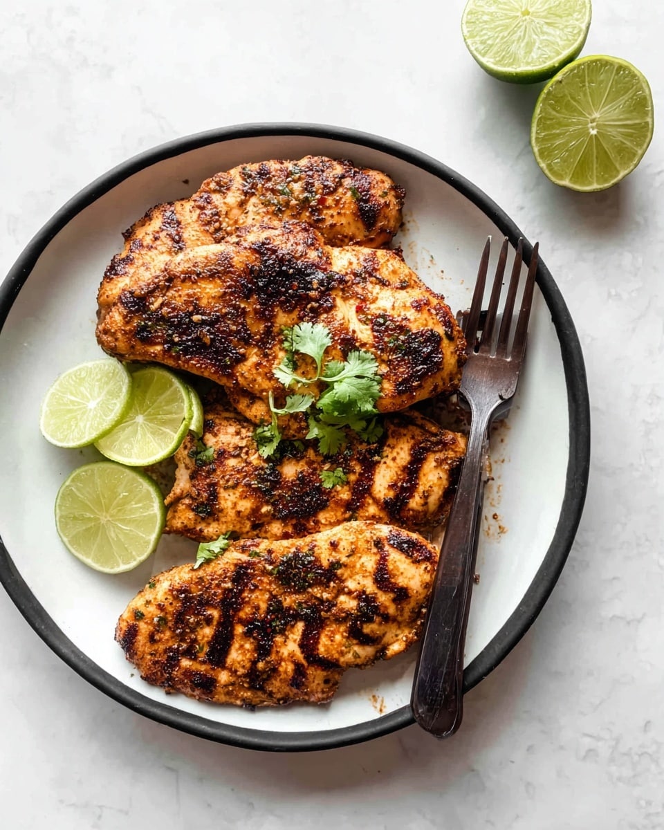 A white bowl holds two grilled chicken pieces with a golden-brown, slightly charred surface, topped with a chunky yellow and purple salsa and a small green cilantro sprig in the center. To the right of the chicken, there is a layer of steamed white rice covering about half of the bowl. On the bottom right inside the bowl, there are three lime wedges, one being squeezed with a black fork resting nearby. The bowl is set on a white marbled surface with a woman’s hand holding the bowl from the top and another woman’s hand supporting it on the bottom. In the upper part of the image, there is a small white bowl of the same chunky salsa with a silver spoon and a partial view of another bowl with lime wedges on the white marbled background. photo taken with an iphone --ar 4:5 --v 7