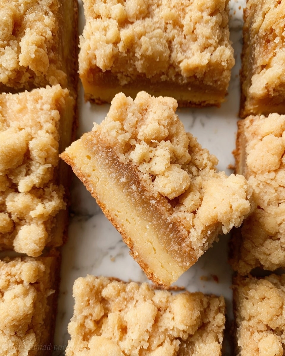 The image shows a close-up of several square pieces of crumb cake arranged tightly together on a white marbled surface. Each piece has two visible layers: a thick, light brown, soft crumb filling in the middle with a slightly moist texture, and a rough, golden brown crumbly topping scattered unevenly on the top. One crumb cake square is lifted slightly above the others, held by a woman's hand, showing the layers clearly. The surface of the crumbs appears dry and crumbly with small chunks attached. photo taken with an iphone --ar 4:5 --v 7