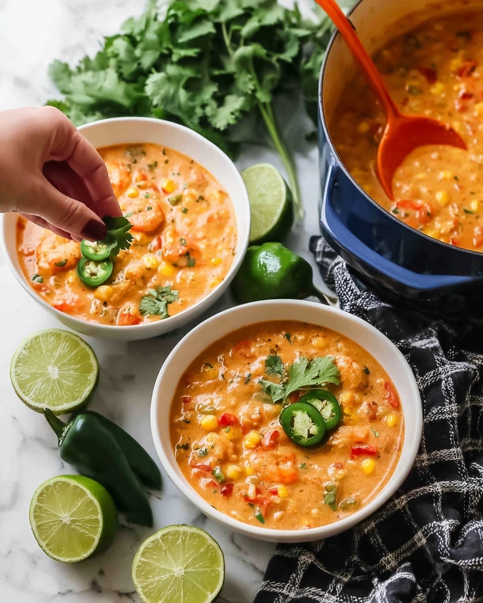 Two white bowls are filled with creamy orange soup full of yellow corn, red pieces, and chunks of meat. One bowl is closer, topped with fresh green herb leaves while a woman's hand is placing a green herb leaf on the other bowl. The second bowl also has green slices of avocado on top. In the background, there is a large pot of the same soup with an orange spoon. On the white marbled surface around the bowls, there are lime halves, small green peppers, and more green herb leaves scattered nearby. A black and white cloth is placed partially under the closer bowl. Photo taken with an iphone --ar 4:5 --v 7