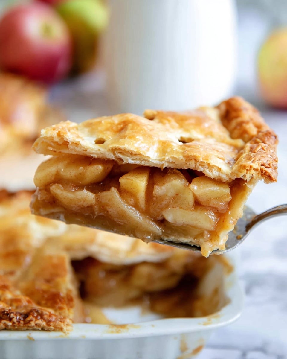 A slice of golden brown apple pie is being lifted by a silver spatula, showing a thick, juicy layer of light brown cooked apple filling beneath a flaky, slightly shiny top crust with small browned spots and a few small holes. The pie crust on the bottom is a bit thicker, holding the apple layer securely, and the remaining pie in the white baking dish shows a smooth, golden top crust with a slightly crisp texture. The background includes blurred apples and a soft white marbled surface. photo taken with an iphone --ar 4:5 --v 7