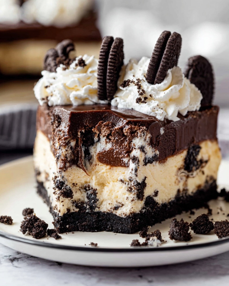 The image shows a layered Oreo cheesecake with a dark crumb crust at the bottom and sides. Above the crust is a thick cream cheese layer mixed with broken Oreo pieces, light beige with dark chunks inside. On top of that is a smooth, dark chocolate ganache layer. The edge of the cheesecake is decorated with white whipped cream swirls, and the center is covered with crushed Oreo cookies. The cake is displayed on a white marbled surface, and a slice is removed to reveal the layers clearly. Photo taken with an iphone --ar 4:5 --v 7