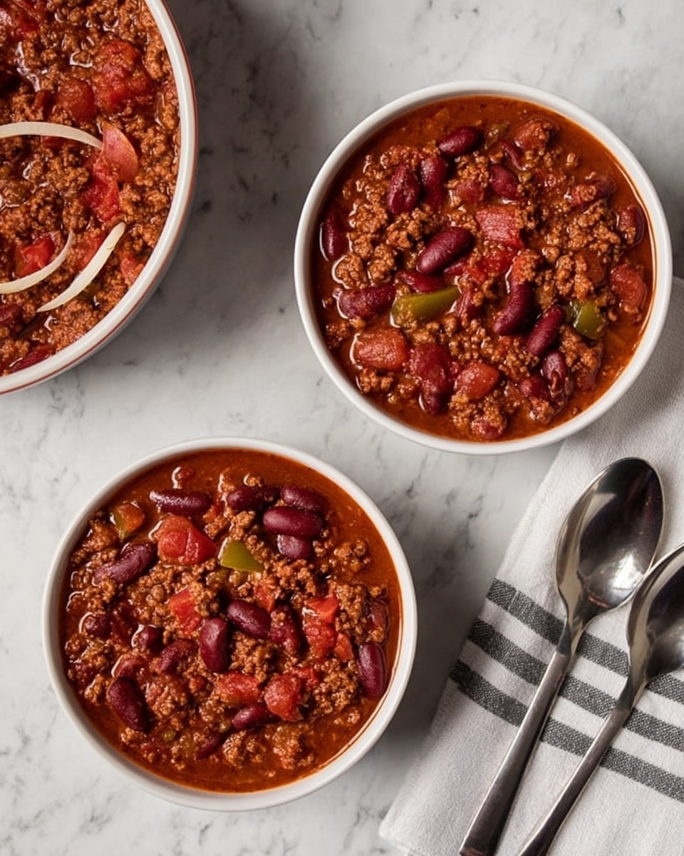 The image shows two white bowls filled with a thick chili stew made of dark red kidney beans, ground meat, chopped red tomatoes, and small pieces of green peppers in a rich brownish-red sauce. To the left, there is a white bowl containing more of the chili with a large onion slice visible on top. The bowls rest on a white marbled surface, next to a white and dark striped cloth and two shiny metal spoons placed side by side. The lighting is soft and natural, highlighting the texture of the chili stew. Photo taken with an iphone --ar 4:5 --v 7