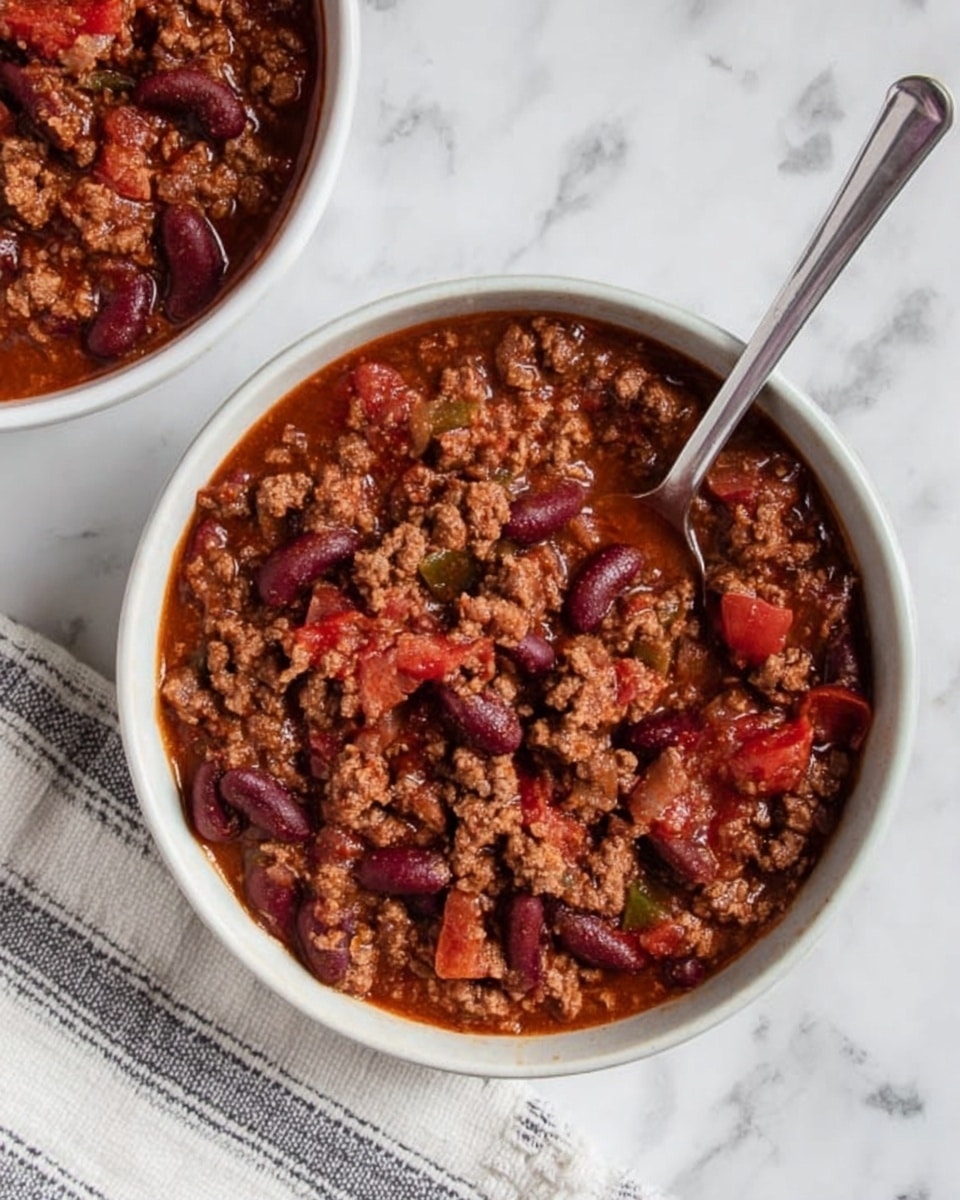 The image shows a white bowl filled with a hearty chili made of reddish-brown cooked ground meat, dark red kidney beans, and chunks of red tomatoes in a thick reddish sauce. A silver spoon rests inside the bowl on the right side, partially submerged in the chili. The bowl is placed on a white marbled surface with a white and black striped cloth napkin next to it. Part of another white bowl with the same chili is visible in the top left corner. Photo taken with an iphone --ar 4:5 --v 7