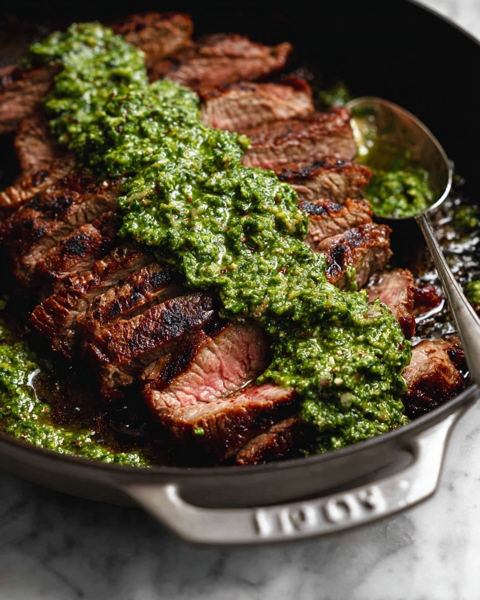 A sliced cooked dark brown steak is arranged in a black pan with a few pieces resting side by side, showing textured grill marks and a juicy surface. On top and around the steak, there is a thick, bright green herb sauce with a chunky texture that looks fresh and vibrant. A spoon rests in the pan dipping into the sauce, showing some sauce also pooling at the bottom. The pan is placed on a white marbled surface. photo taken with an iphone --ar 4:5 --v 7