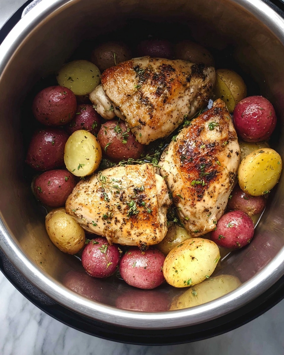A lightly browned piece of cooked chicken sits on the left side of a white speckled plate, sprinkled with green herb bits and black pepper. On the right side of the plate, there is a mix of small red and yellow potatoes, also seasoned with herbs and pepper, giving them a slightly rough texture. A silver fork rests above the chicken, with its handle extending past the edge of the plate. The plate is set on a white marbled surface with a few scattered green herbs around it. photo taken with an iphone --ar 4:5 --v 7