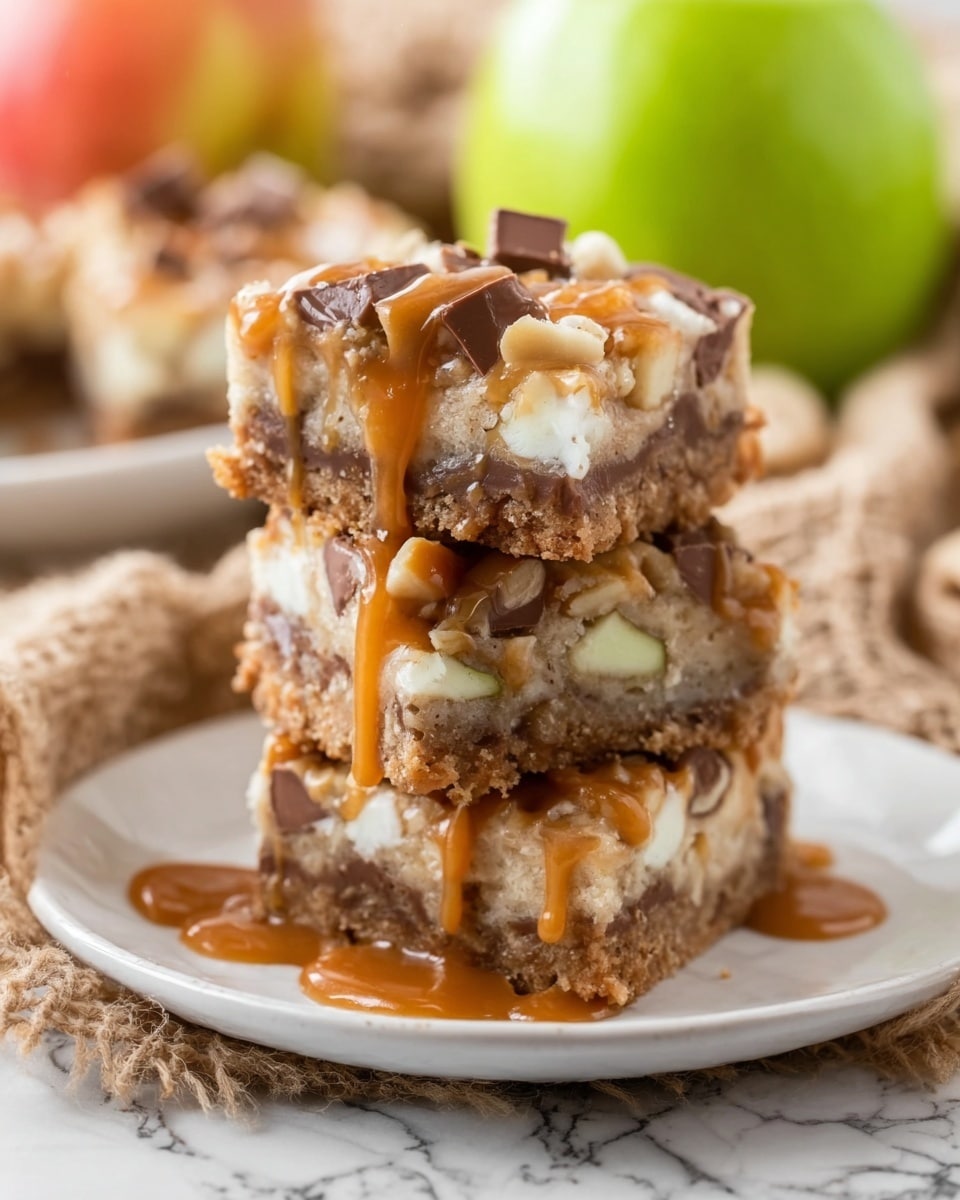 The image shows three dessert bars stacked on white paper with a white marbled surface background. Each bar has three visible layers: the bottom layer is a golden-brown crumbly crust, the middle layer is thick and dark brown with melted chocolate chunks, and the top layer is a creamy white marshmallow layer with a golden caramel drizzle and bits of chopped walnuts scattered on top. The bars are arranged unevenly, with one bar leaning against the others, showing the layers clearly. Photo taken with an iphone --ar 4:5 --v 7