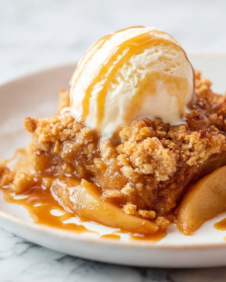 A white plate holds a warm apple crisp dessert with three visible layers: at the bottom, soft cooked apple slices in a light brown syrup; in the middle, a thick layer of golden, crumbly oat topping with a rough texture; on top, a creamy scoop of light beige vanilla ice cream slowly melting and drizzled with amber caramel sauce. The background is a white marbled texture. photo taken with an iphone --ar 4:5 --v 7