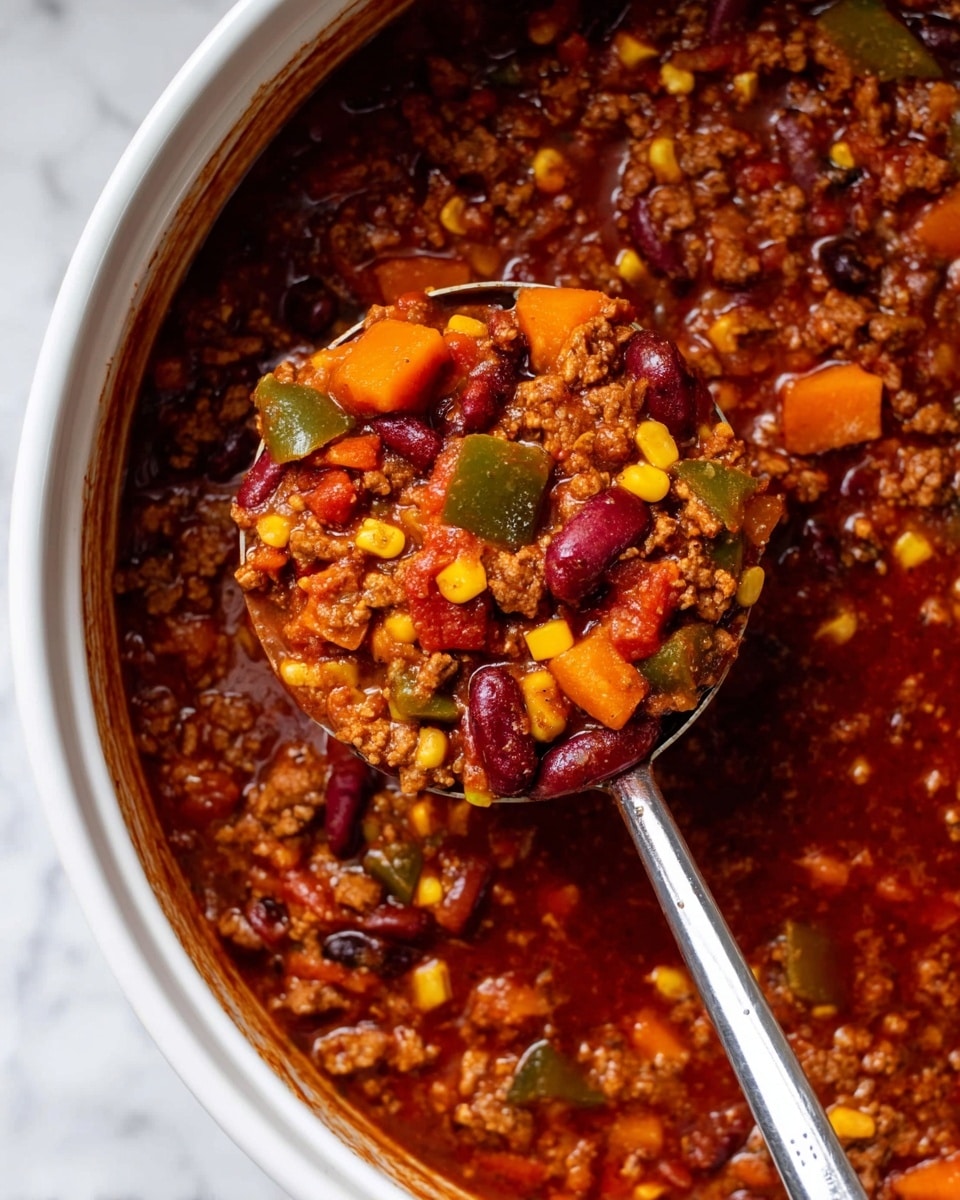 A close-up of a white round pot filled with thick chili stew showing three layers: a dark red tomato-based sauce with a slightly shiny, liquid texture as the base layer, a mix of cooked ground meat and kidney beans in dark red and brown colors as the middle layer, and scattered pieces of yellow corn, green bell peppers, and orange sweet potatoes as the top colorful chunky layer. A metal ladle with a long handle is scooping up the chili, holding a mix of all layers with the bright colors and textures clearly visible. The pot rests on a white marbled surface. Photo taken with an iphone --ar 4:5 --v 7