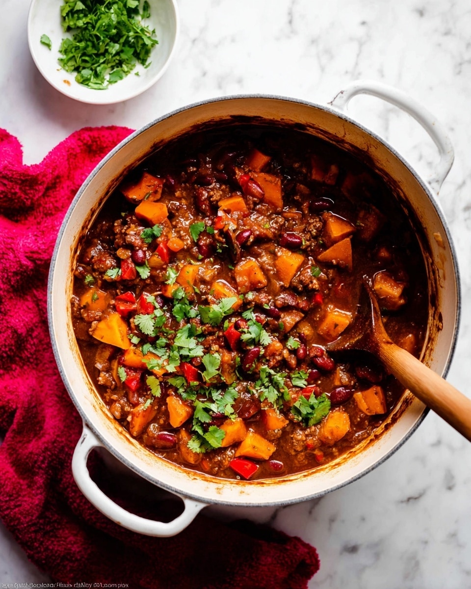 A scalloped orange bowl filled with thick chili showing layers of dark red beans, chunks of orange sweet potato, green herbs, and a rich reddish-brown sauce. On top are two slices of fresh green avocado. A woman's hand holding a spoon is dipping into the chili from the right side. Nearby, there is a white marbled surface with pieces of sliced crusty bread on a white plate with blue decoration. A red cloth is partially visible in the background. Photo taken with an iphone --ar 4:5 --v 7