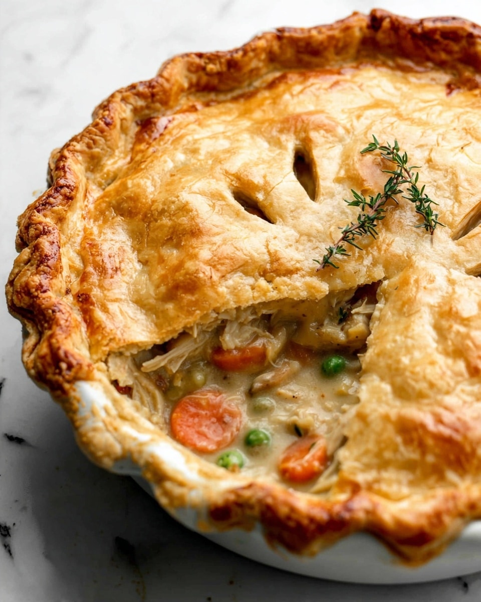A golden brown pie with a flaky top crust that has five slits near the center, decorated with a small sprig of fresh thyme. A slice is removed from the pie, revealing a creamy filling inside with chunks of white meat, orange carrot slices, green peas, and a thick, smooth sauce. The pie is in a white ceramic pie dish with scalloped edges, set on a white marbled surface. The crust edges are crimped and slightly raised, showing a rich and crisp texture. photo taken with an iphone --ar 4:5 --v 7