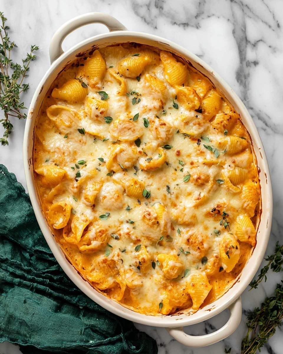 The image shows a close-up of a dish with small shell pasta covered in creamy orange cheese sauce, mixed with visible bits of green herbs. The pasta shells have a soft and slightly shiny texture, tightly holding the sauce. On top, there is a light sprinkling of shredded white cheese and a few specks of black pepper evenly spread. A silver spoon holds a small serving of the cheesy pasta above the dish, which is a white bowl with a brown rim. The background surface is white marble. photo taken with an iphone --ar 4:5 --v 7