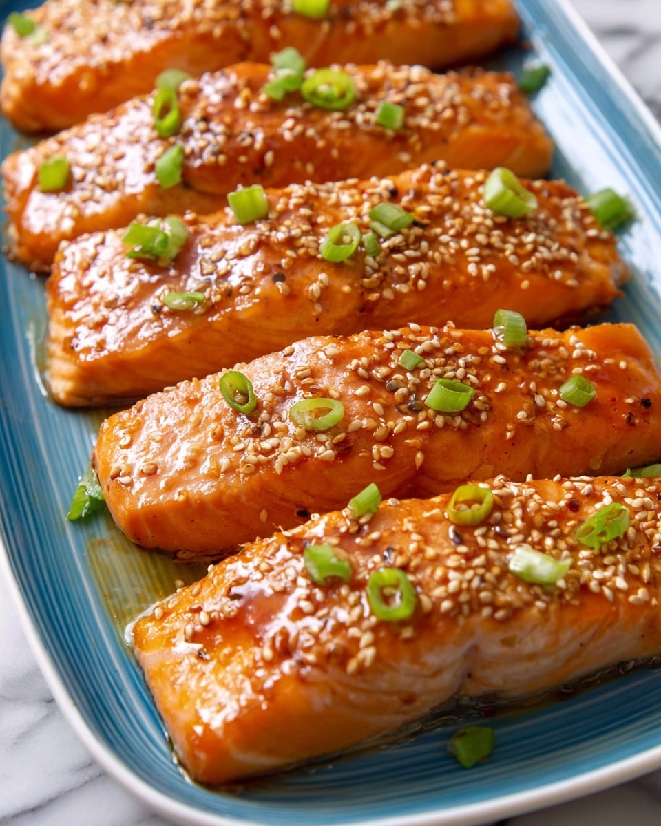 Three pieces of cooked salmon fillets are placed close together on a textured baking sheet with an orange-brown color. Each fillet has a shiny, cooked surface topped with scattered golden sesame seeds and small green chive pieces, adding color to the warm salmon tones. The salmon has a slightly glazed look with clear cooked lines and a moist texture. The background is a white marbled texture. Photo taken with an iphone --ar 4:5 --v 7