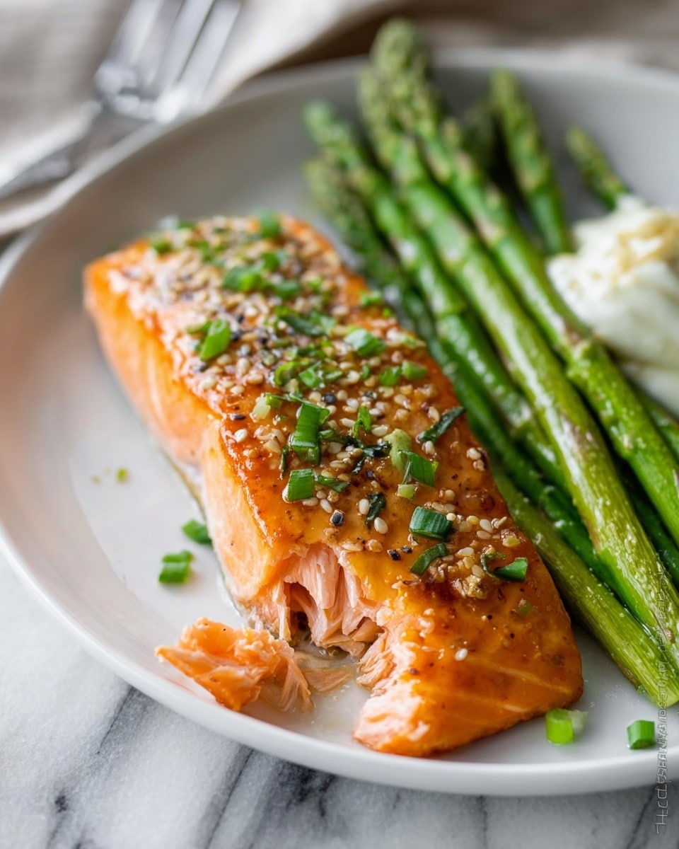 Four pieces of glazed salmon fillets are arranged closely in a row on a white plate with blue edge lines. Each salmon piece has a shiny, orange-pink glaze topped with light brown sesame seeds scattered evenly across the surface. Small green onion slices are sprinkled around for color contrast. The background is a white marbled texture. Photo taken with an iphone --ar 4:5 --v 7