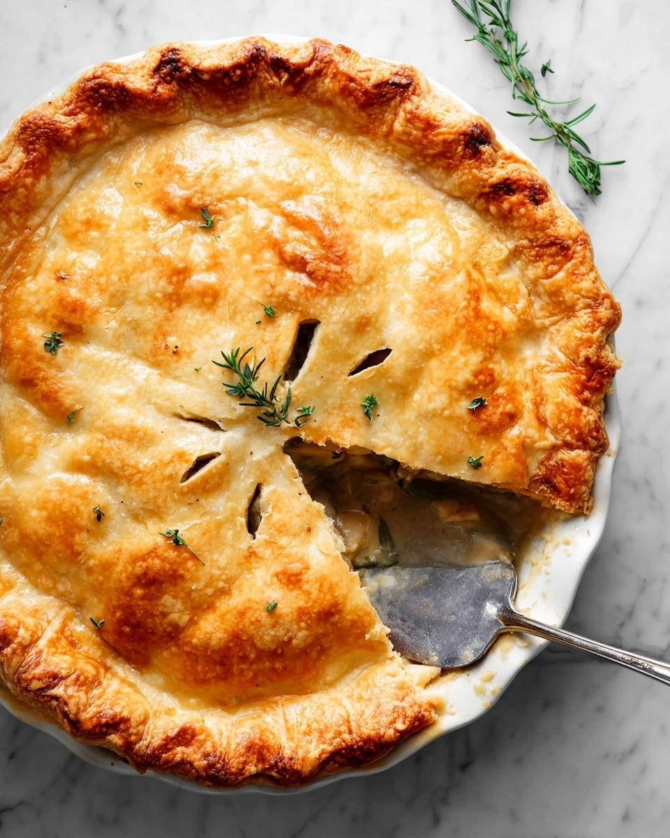 A golden-brown pie with a flaky crust sits in a white pie dish. The crust has a slightly uneven, crimped edge and is broken by classic steam slits in the center, through which a few green herb sprigs peek out. One slice is partially taken out with a metal pie server, revealing a creamy filling inside. The whole pie rests on a white marbled surface. photo taken with an iphone --ar 4:5 --v 7