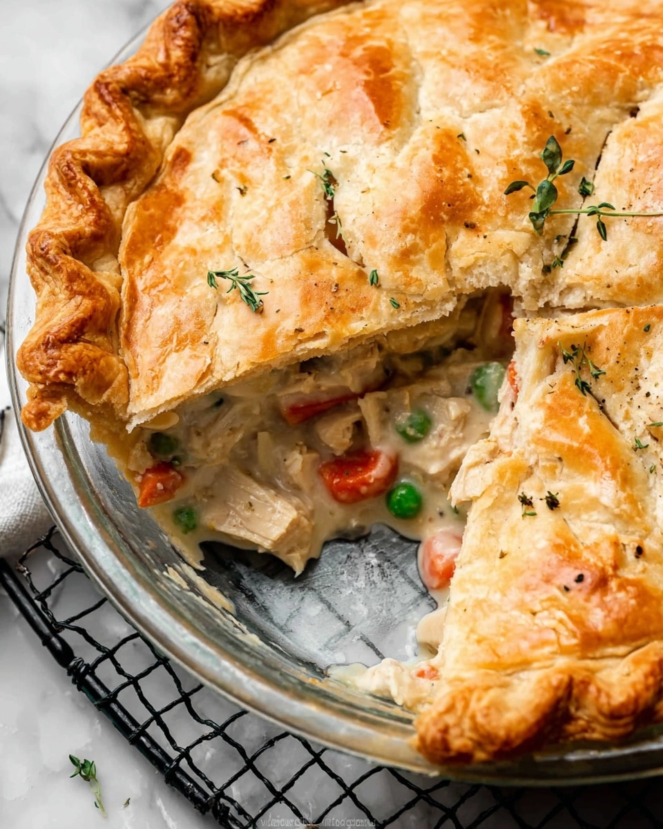 A thick slice of pot pie sits on a white plate with another white plate below it, placed on a white marbled surface. The pie has a golden brown, flaky crust with ridged edges, and small green herb leaves on top. Inside, there are soft chunks of white meat mixed with orange carrot pieces, green peas, and light creamy sauce visible at the open side. A fork with a wooden handle rests underneath the pie slice, with some filling on its prongs. Part of the full pot pie, also with a golden crust, is visible in a glass pie dish at the top left corner. A green cloth is at the bottom right of the image. Photo taken with an iphone --ar 4:5 --v 7
