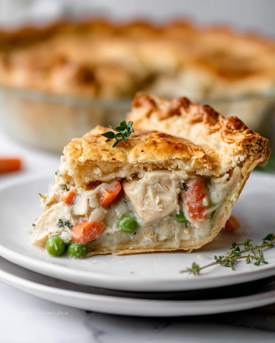 A round homemade pie with a golden brown top crust that is slightly shiny and flaky, with crimped edges around the sides. One large slice is missing, showing the creamy, thick filling inside with chunks of white chicken, orange carrot pieces, and green peas layered together. There are a few small green herb sprigs on top. The pie is in a clear glass pie dish placed on a black wire rack over a white marbled surface. The crust looks crisp, and the filling looks smooth and rich. photo taken with an iphone --ar 4:5 --v 7