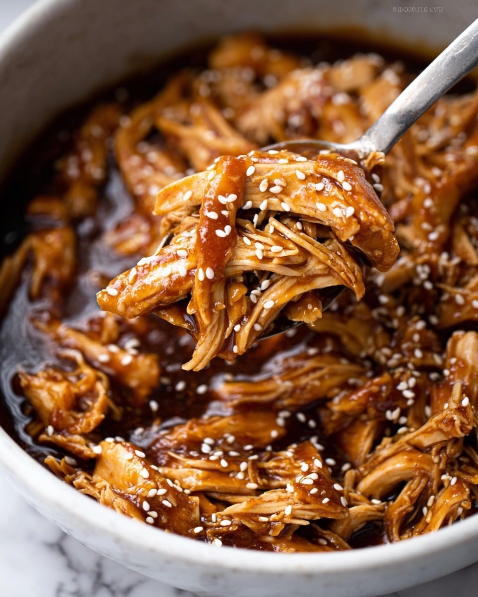 The image shows a close-up view of shredded pieces of chicken covered in a thick, glossy brown sauce, piled in a white bowl. The chicken layers vary in size and texture, some pieces smooth while others show fibrous strands. The dish is topped with small white sesame seeds evenly sprinkled across the surface. A silver spoon is lifting a portion of the chicken from the bowl, showing the rich sauce coating the chicken pieces. The background has a white marbled texture. Photo taken with an iphone --ar 4:5 --v 7