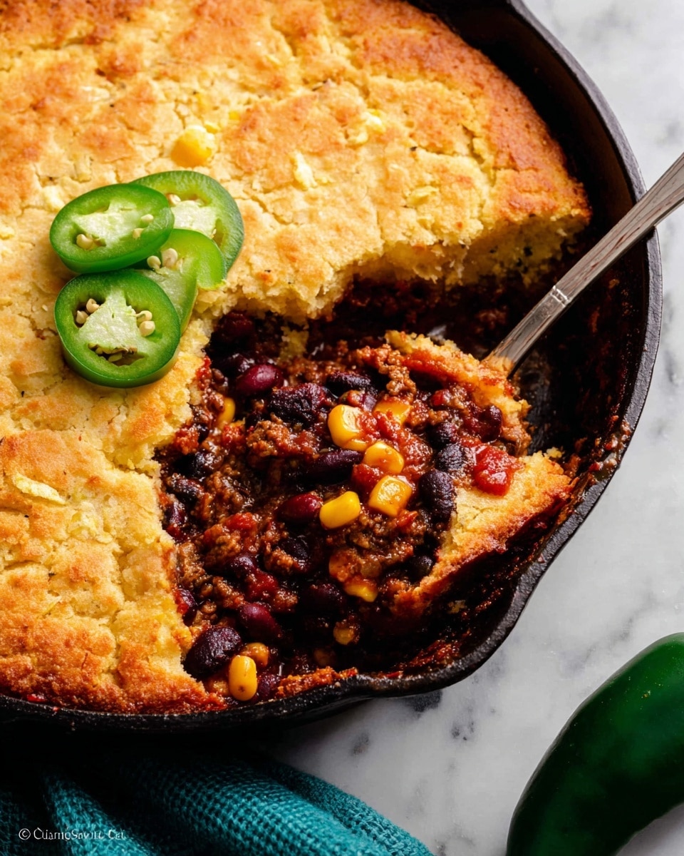 A close-up view of a baked skillet dish layered in a black cast iron pan, featuring a thick golden-brown crust on top with visible corn kernels baked into it. Below the crust is a rich, chunky filling made of dark red tomato sauce, black beans, yellow corn, and ground meat pieces, showing a mix of deep reds, purples, and browns with a moist texture. Three slices of fresh green jalapeño peppers rest on the crust near the center, and a spoon rests inside the pan, lifting a portion of the crust to reveal the filling underneath. The background is a white marbled surface with a whole green jalapeño pepper and a teal cloth nearby. photo taken with an iphone --ar 4:5 --v 7